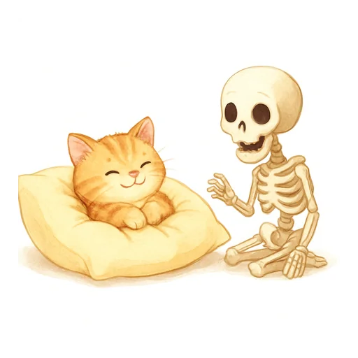Um gatinho peludo num travesseiro macio ao lado de um esqueleto de Halloween surpreso