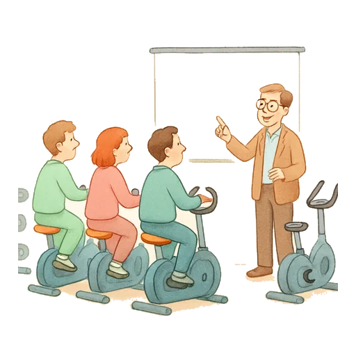 Numa academia, pessoas em bicicletas ergométricas assistem a uma palestra de um professor