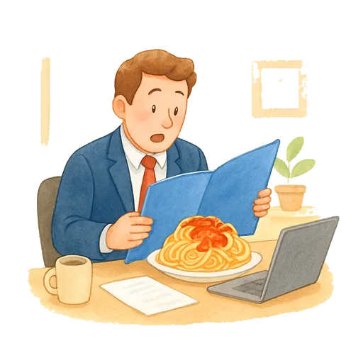 Um homem de terno abre uma pasta azul no escritório e encontra um prato de espaguete