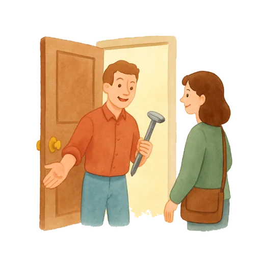 Um anfitrião convida uma visita a entrar segurando um martelo e um prego enorme