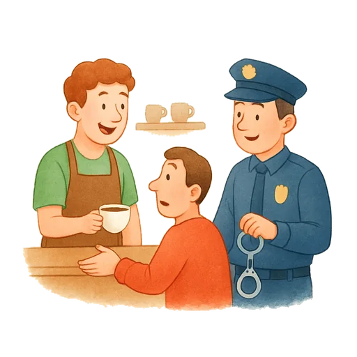 No balcão de um bar, um homem pega um café enquanto um policial simpático mostra as algemas