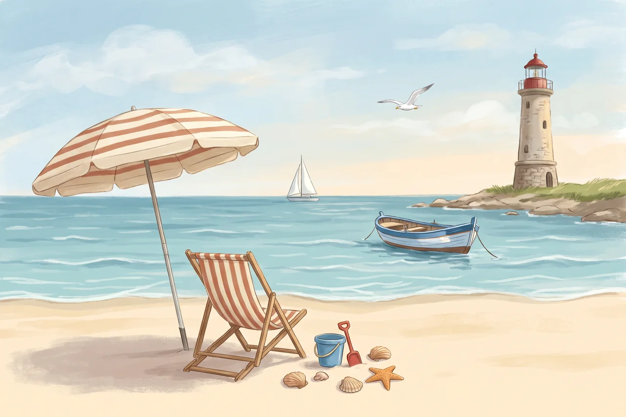 Un mar ilustrado con playa, sombrilla, barco, conchas y faro