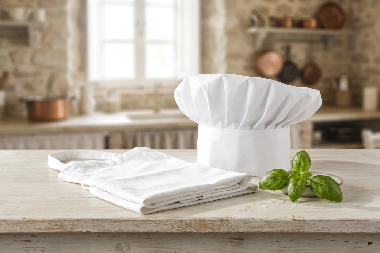 Un cappello da cuoco bianco e un grembiule piegato su un bancone di legno con un rametto di basilico, in una cucina luminosa