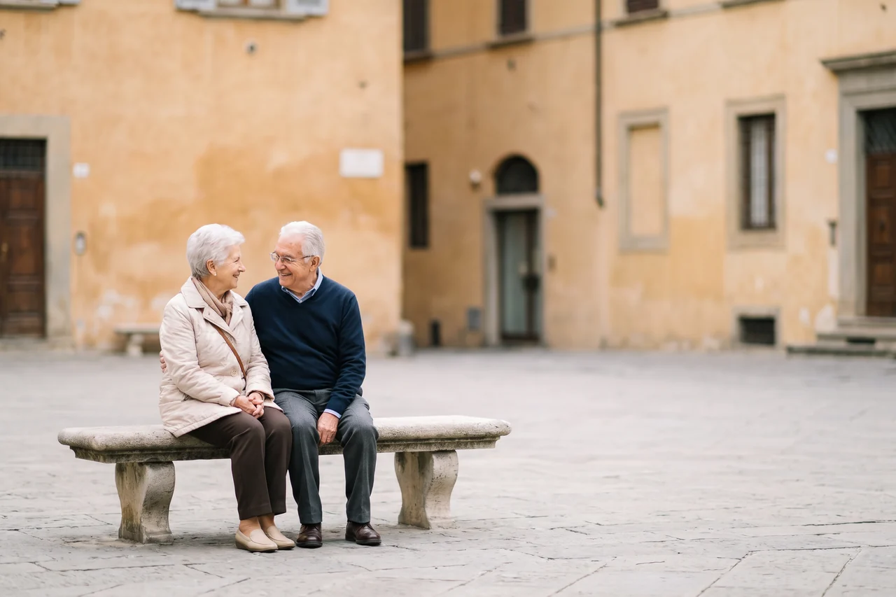Due anziani seduti su una panchina di pietra in una piazza italiana tranquilla, che si guardano e sorridono