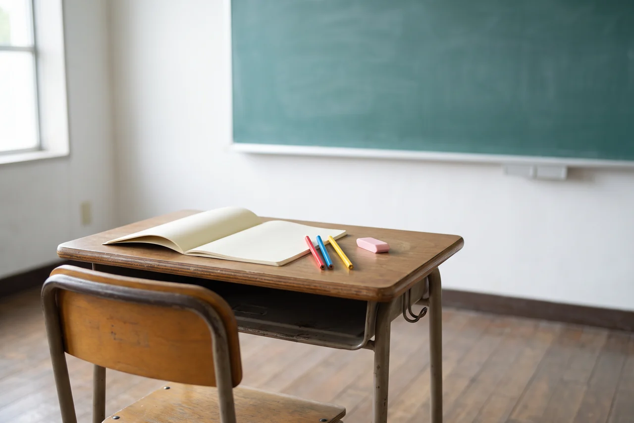 Un banco di scuola in legno con un quaderno aperto, matite colorate e una gomma, davanti a una lavagna verde