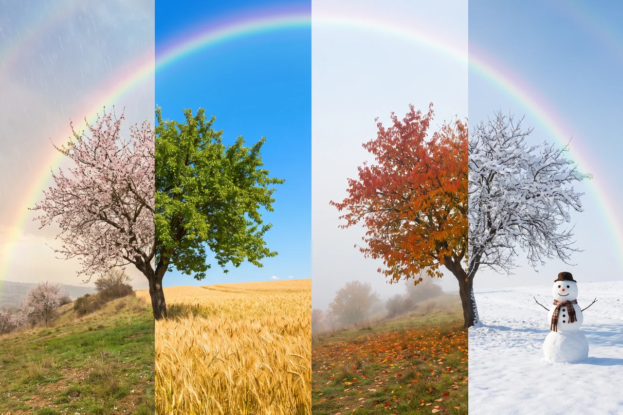 Lo stesso albero su una collina nelle quattro stagioni: fiori in primavera, grano d’estate, foglie rosse e nebbia in autunno, neve e un pupazzo di neve d’inverno, sotto un arcobaleno