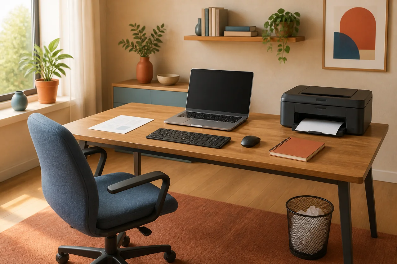 Un ufficio illustrato con scrivania, computer e stampante