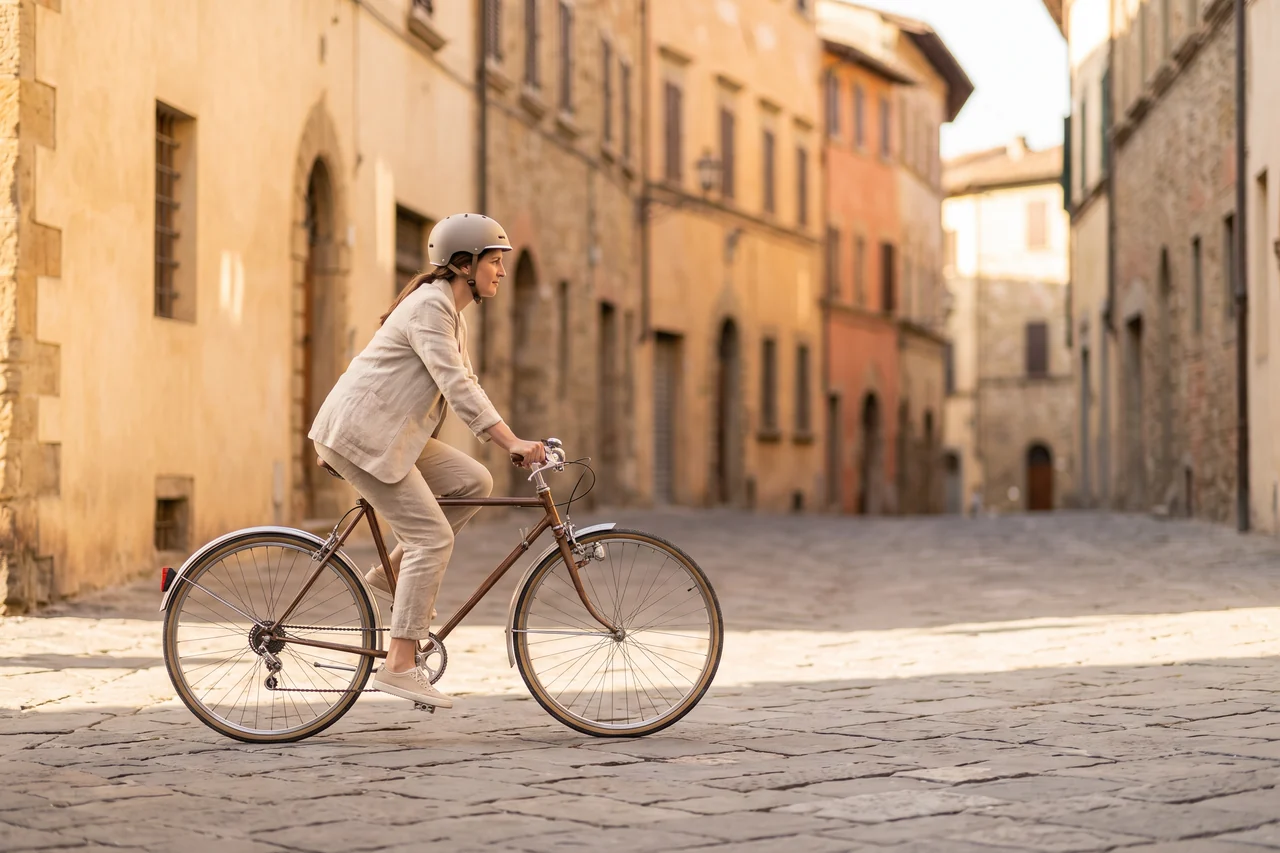 Una donna va in bicicletta lungo una strada lastricata di una città italiana, tra le facciate color ocra