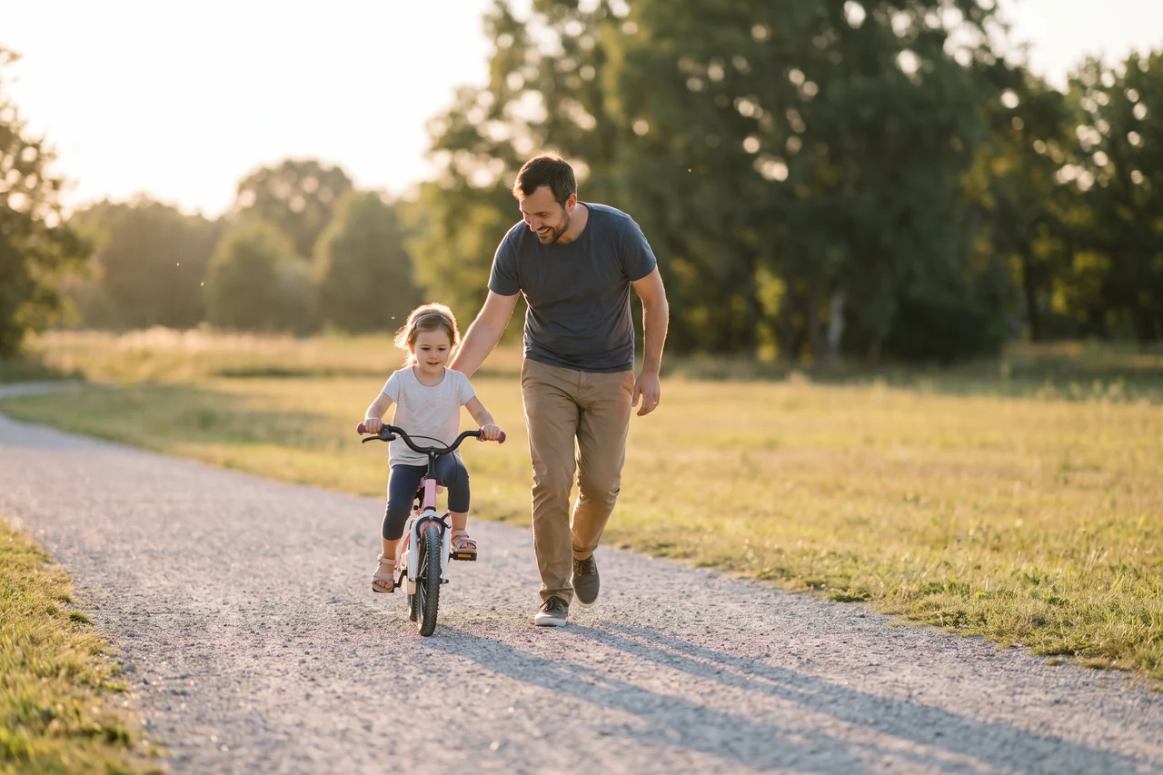 Un papà corre accanto alla figlia piccola che va in bicicletta per la prima volta, su un sentiero nel parco