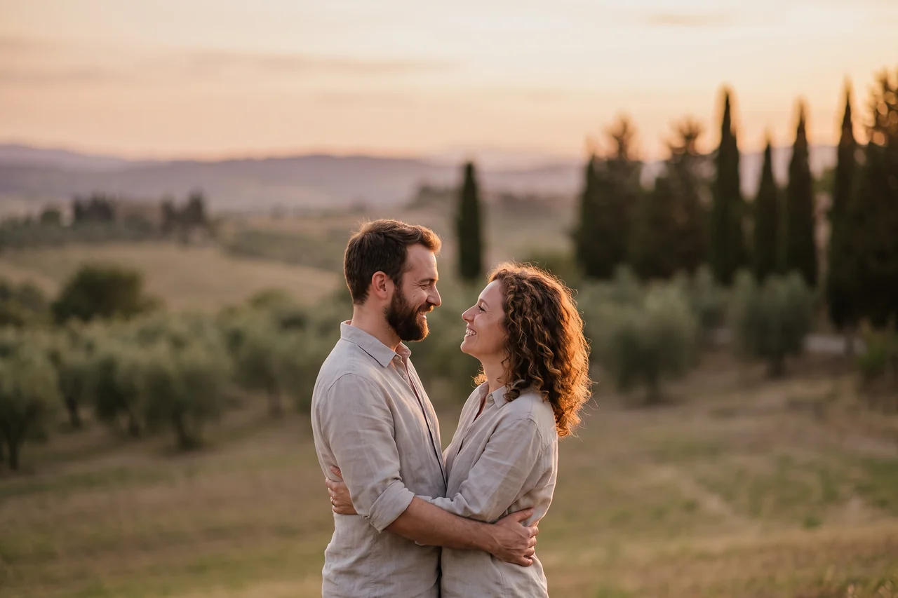 Un uomo e una donna si abbracciano e si sorridono al tramonto, tra gli ulivi e i cipressi della campagna italiana
