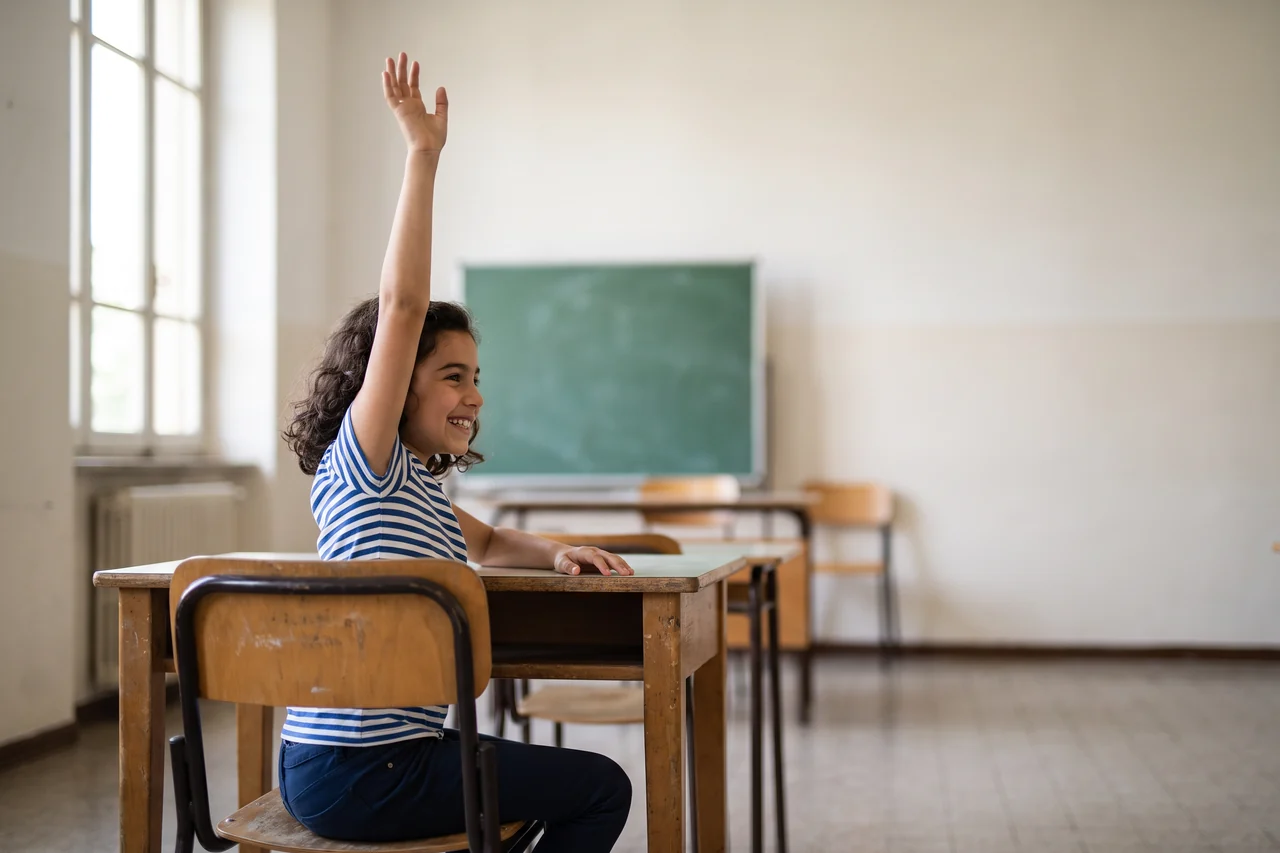 Una bambina sorridente seduta al banco alza la mano in un’aula con la lavagna verde