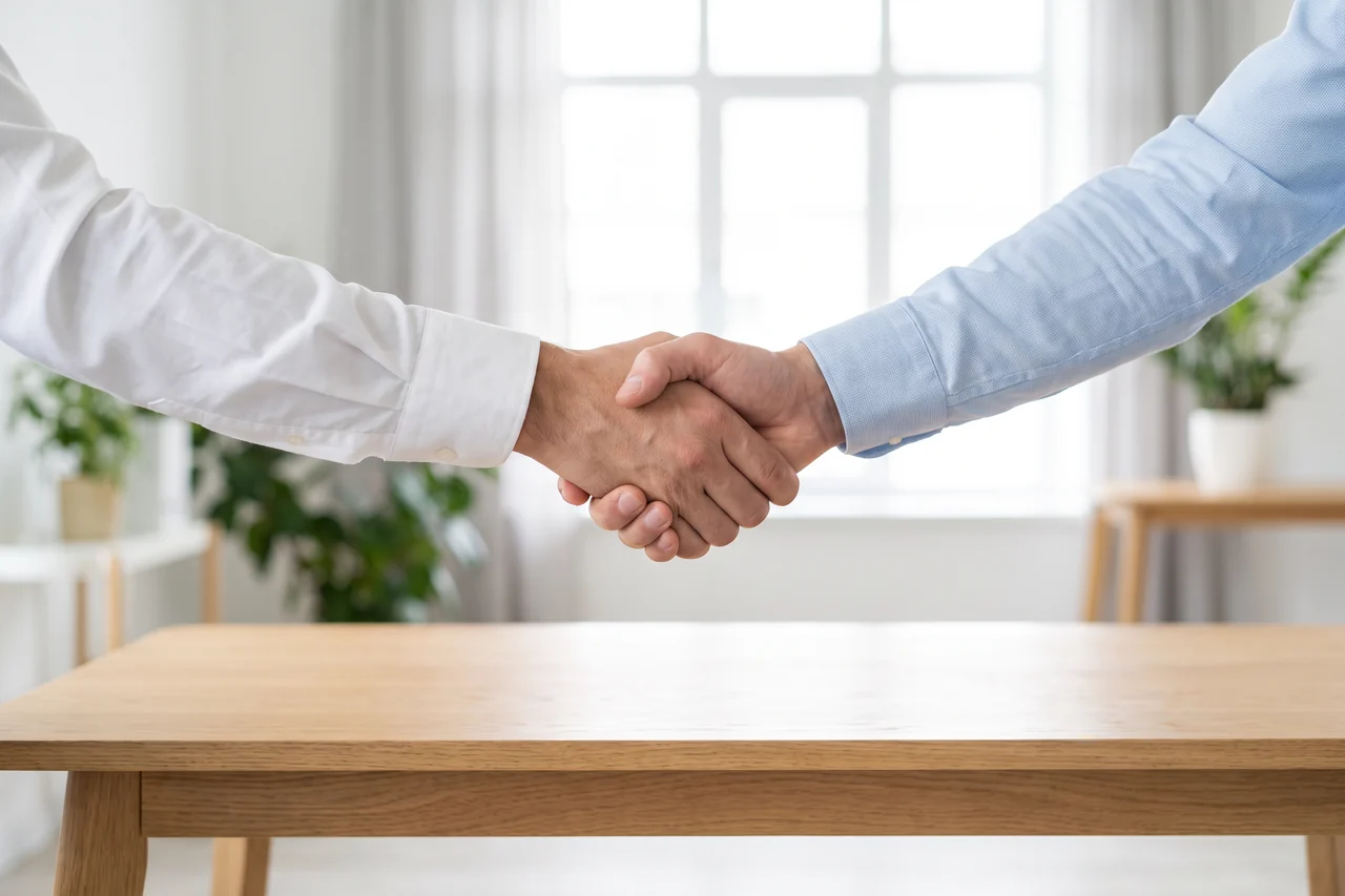 Due persone si stringono la mano sopra una scrivania di legno in un ufficio luminoso
